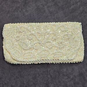 Vintage Bon Soir White Satin Italian Beaded Sequin Evening Clutch Purse